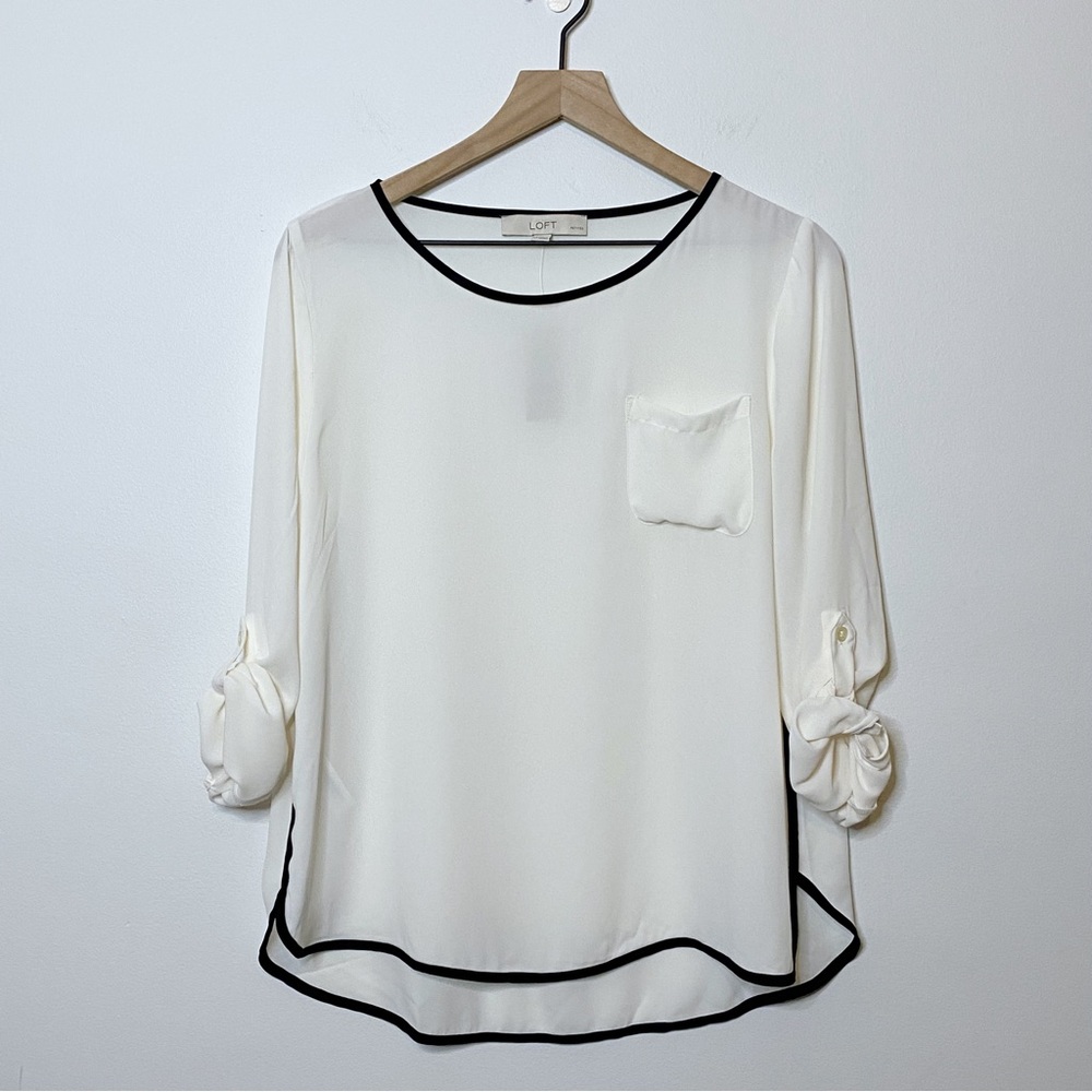 Loft Ivory Black Trim Long Sleeve Roll Tab Blouse Semi-Sheer - Petite Large